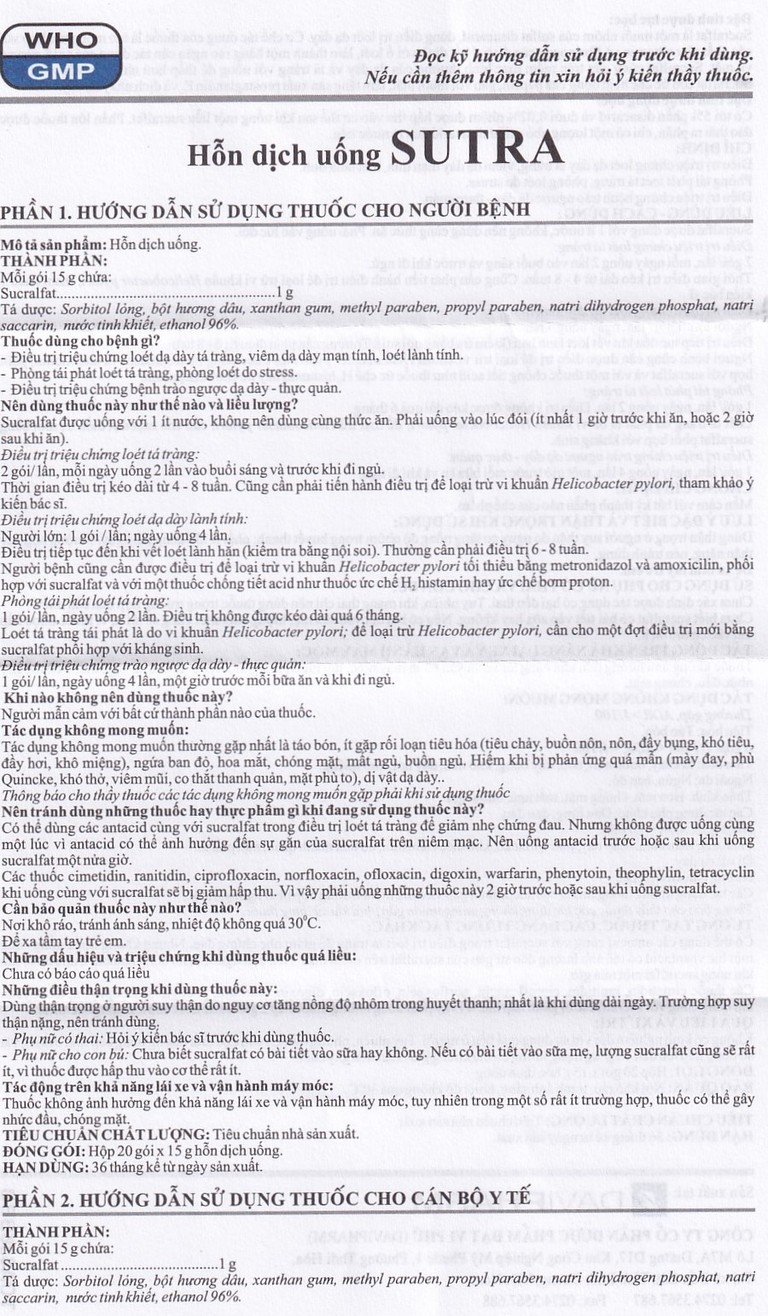 Hỗn dịch uống Sutra điều trị loét dạ dày, tá tràng (20 gói x 15g)