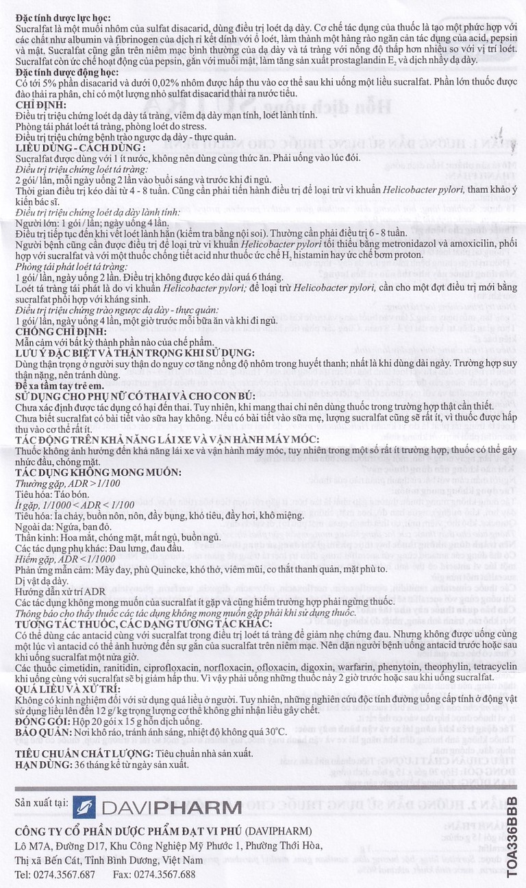 Hỗn dịch uống Sutra điều trị loét dạ dày, tá tràng (20 gói x 15g)