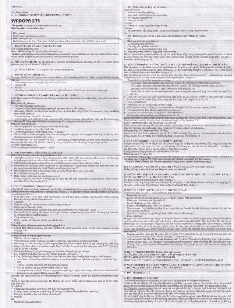 Thuốc Syndopa 275 Sun Pharma điều trị triệu chứng bệnh Parkinson (5 vỉ x 10 viên)