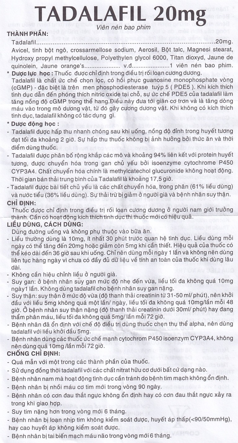 Thuốc Tadalafil 20mg Cophavina điều trị rối loạn cương dương (1 vỉ x 4 viên)