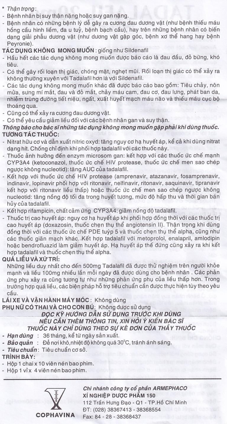 Thuốc Tadalafil 20mg Cophavina điều trị rối loạn cương dương (1 vỉ x 4 viên)