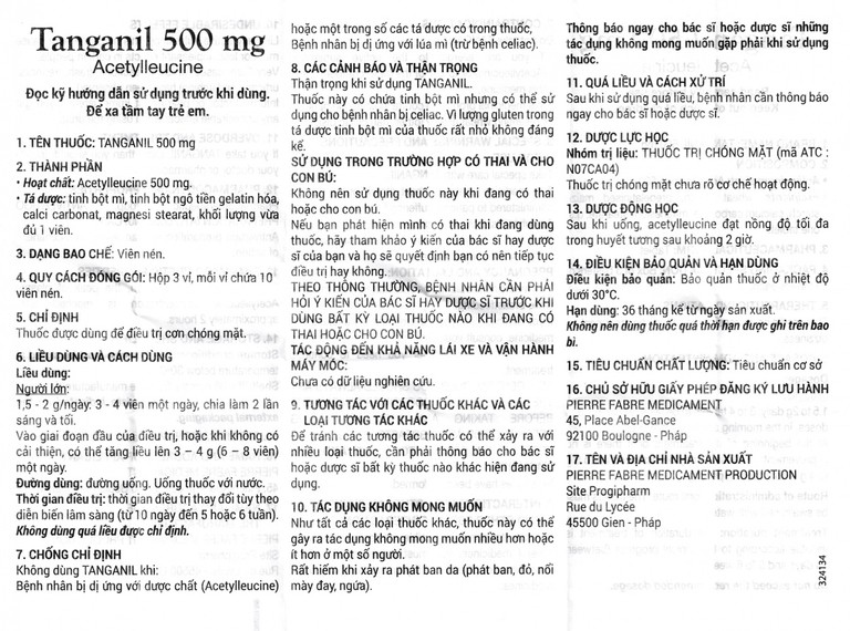 Thuốc Tanganil 500mg Pierre Fabre điều trị cơn chóng mặt (3 vỉ x 10 viên)