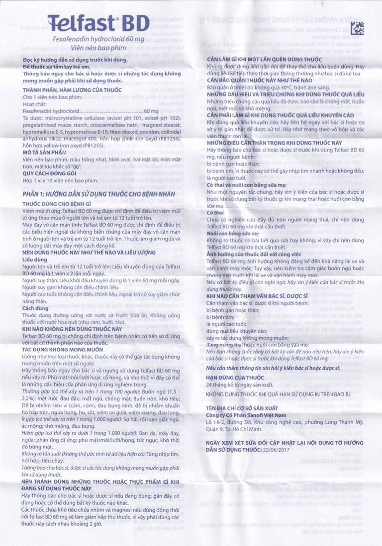 Thuốc Telfast BD 60mg Sanofi điều trị viêm mũi dị ứng, mày đay (1 vỉ x 10 viên)