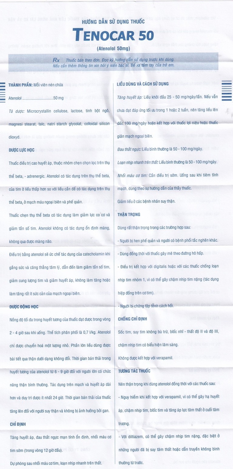 Thuốc Tenocar 50 Pymepharco điều trị tăng huyết áp, đau thắt ngực (2 vỉ x 15 viên)