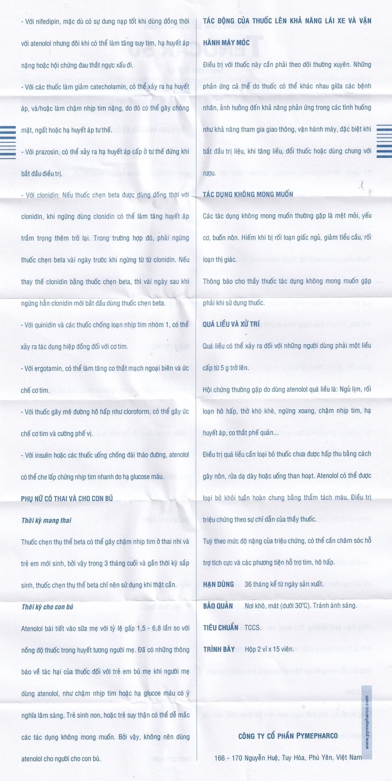 Thuốc Tenocar 50 Pymepharco điều trị tăng huyết áp, đau thắt ngực (2 vỉ x 15 viên)
