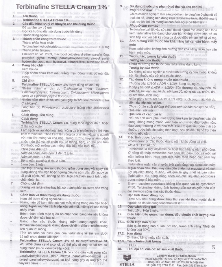 Kem bôi da Terbinafine Stella Cream 1% (10g) điều trị nhiễm nấm ở da, lang ben