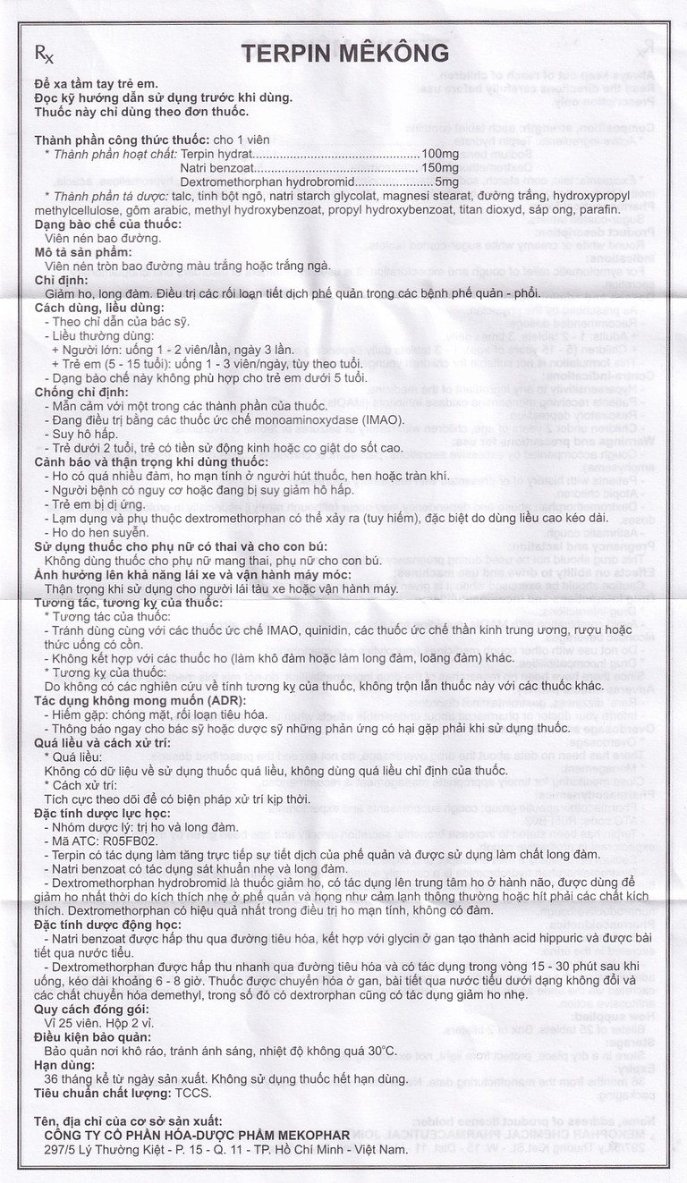 Thuốc Terpin Mekong Mekophar giảm ho, long đàm (2 vỉ x 25 viên)