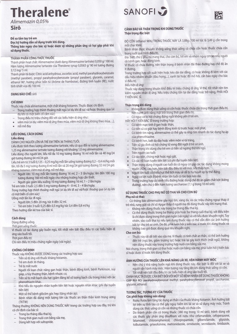 Siro Theralene Sanofi điều trị mất ngủ, viêm mũi (90ml)