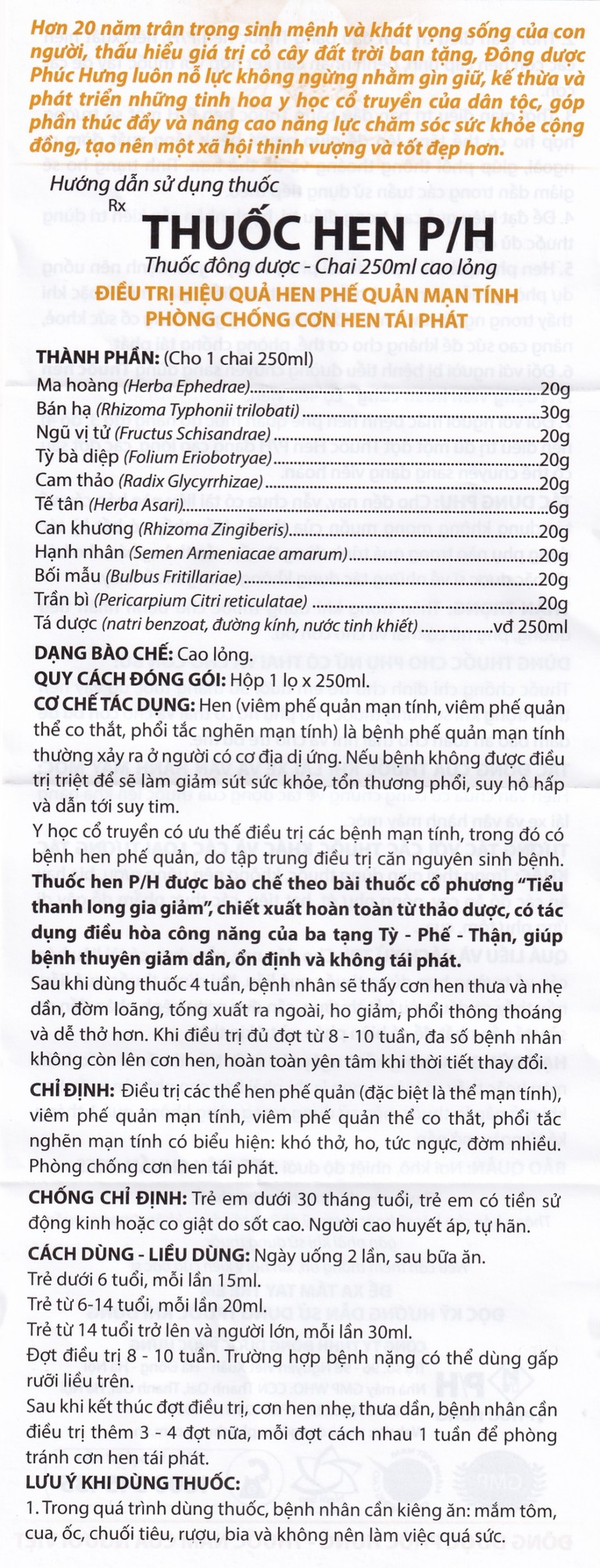 Cao lỏng thuốc hen P/H điều trị các thể hen phế quản (250ml)