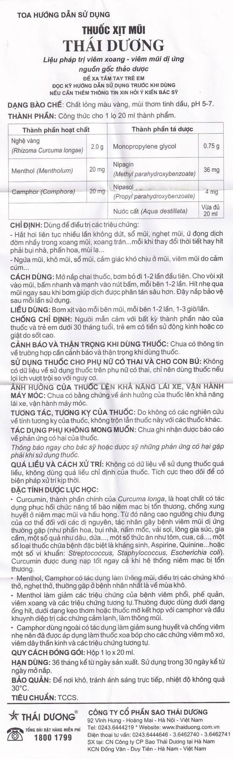 Thuốc xịt mũi Thái Dương điều trị hắt hơi, sổ mũi, nghẹt mũi (20ml)