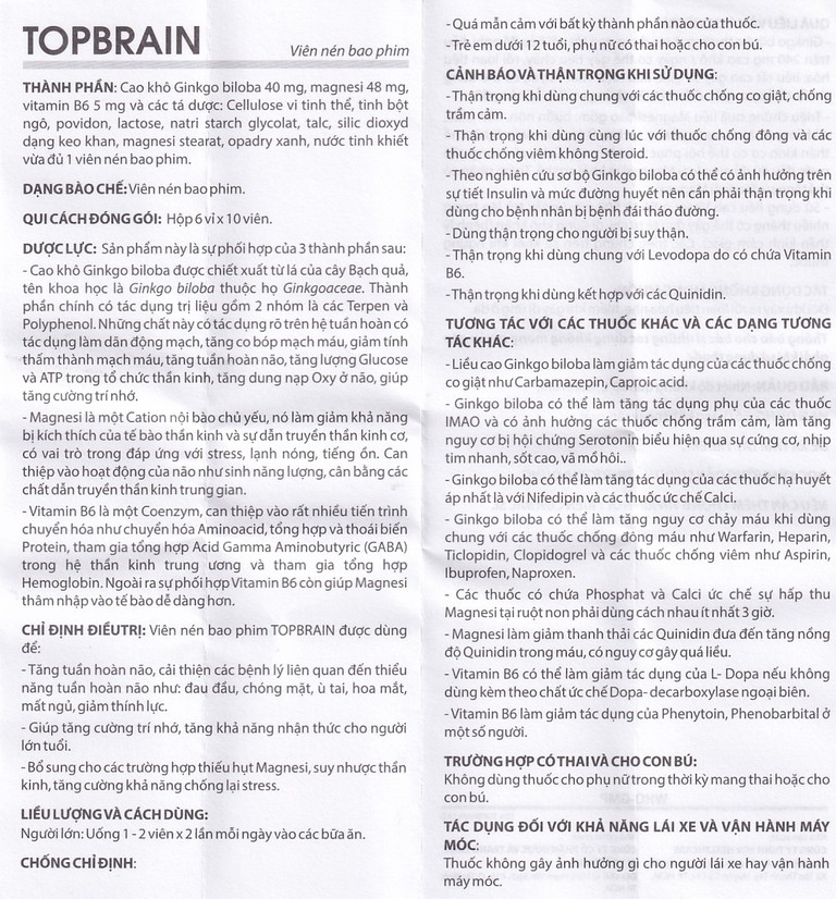 Thuốc Topbrain BV Pharma điều trị tăng tuần hoàn não, tăng cường trí nhớ (6 vỉ x 10 viên)