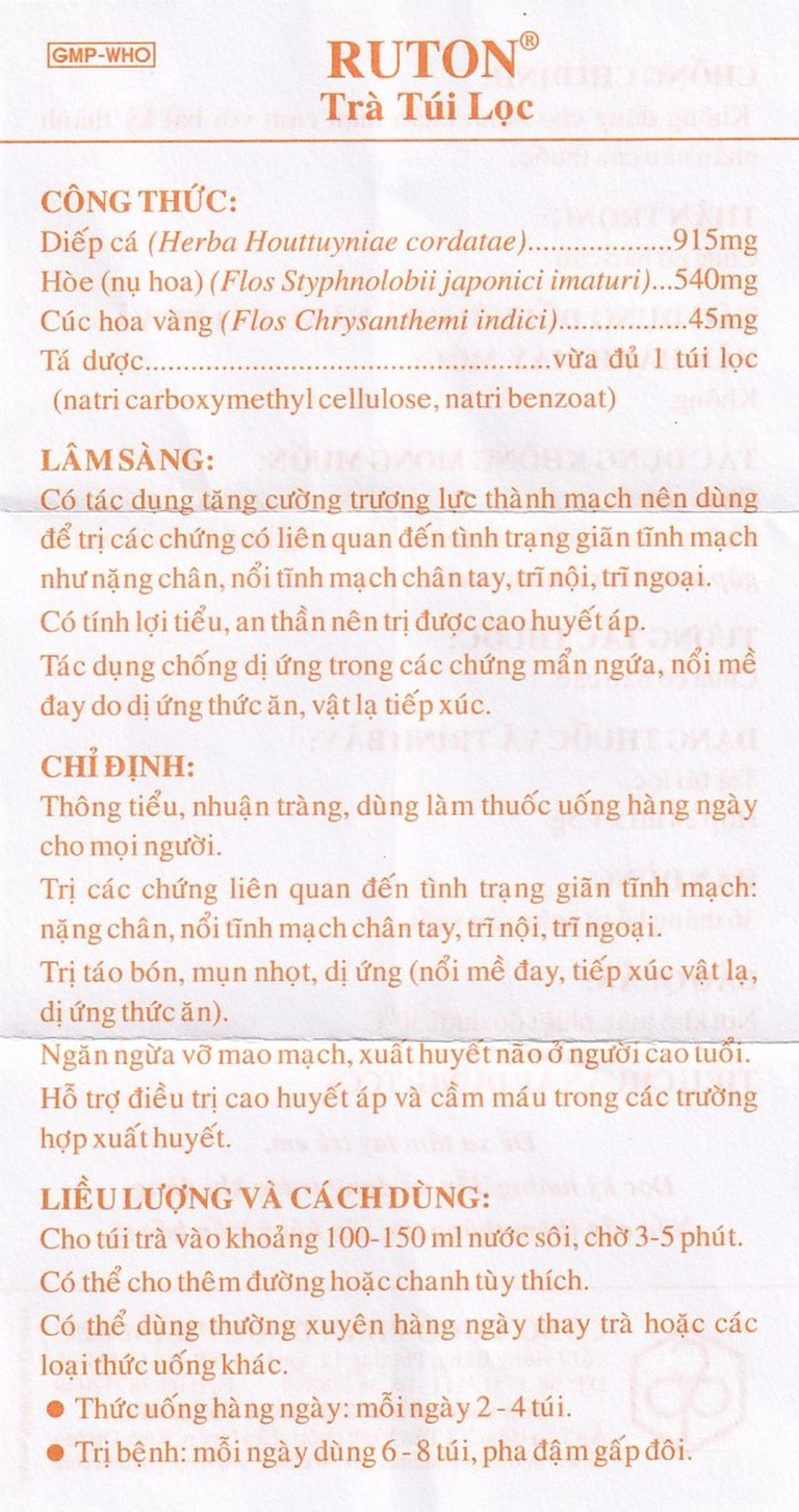 Trà túi lọc Ruton OPC thông tiểu, nhuận tràng, điều trị giãn tĩnh mạch (24 túi x 1,5g)