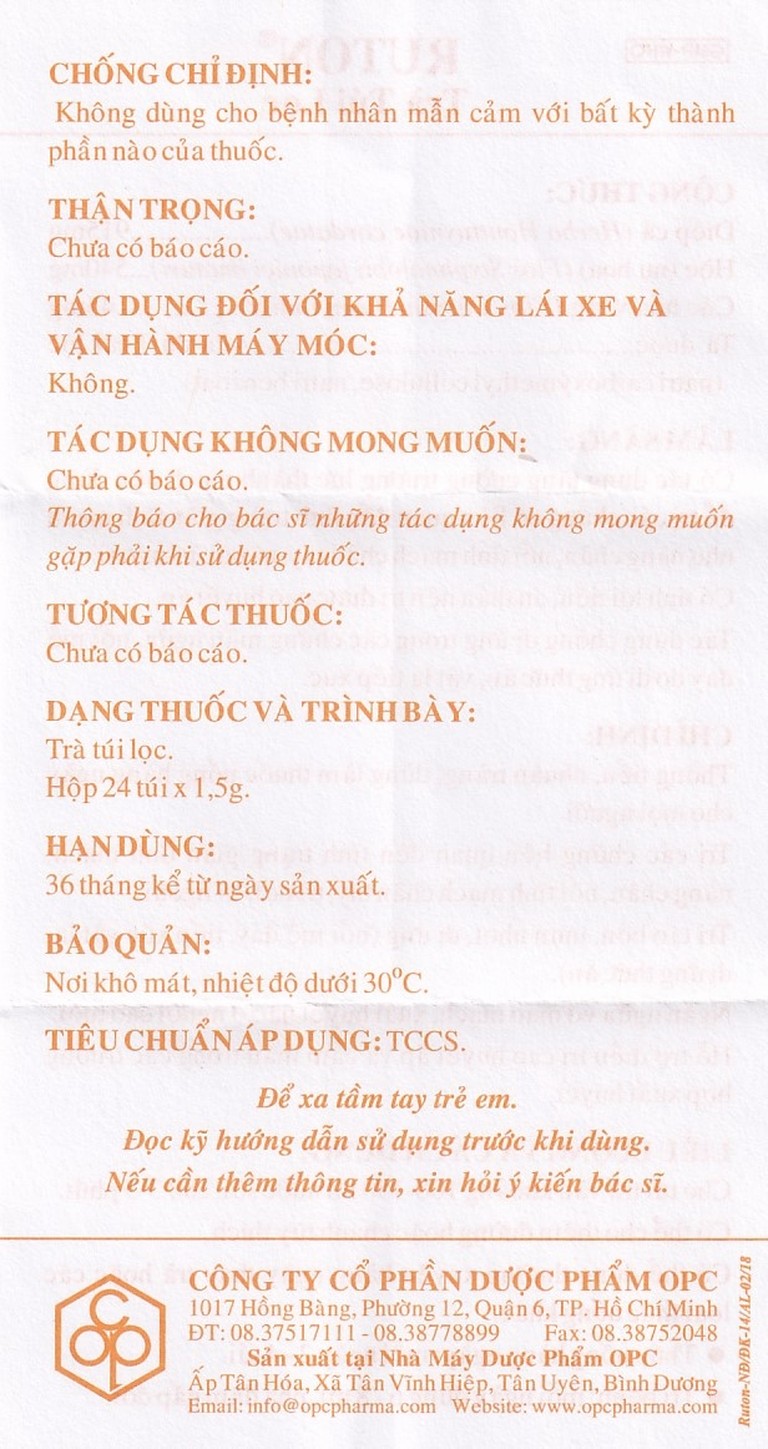 Trà túi lọc Ruton OPC thông tiểu, nhuận tràng, điều trị giãn tĩnh mạch (24 túi x 1,5g)