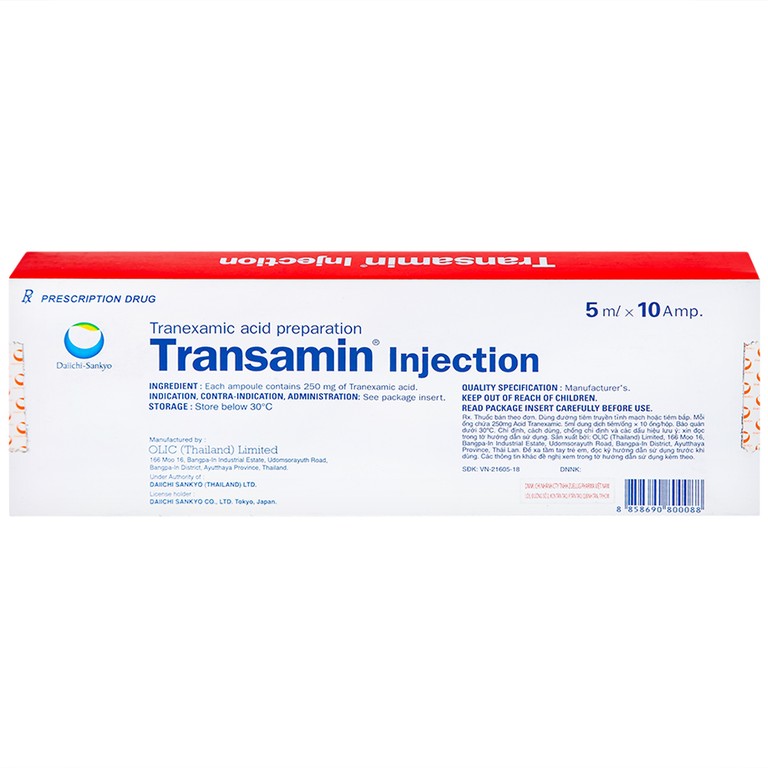 Thuốc tiêm Transamin Injection Daiichi điều trị bệnh bạch huyết, thiếu máu không tái tạo (1 vỉ x 10 ống x 5ml)