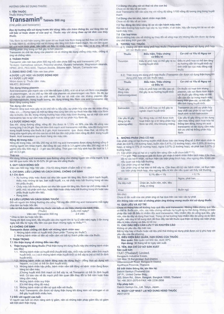 Thuốc Transamin Tab.500mg Daiichi điều trị bệnh bạch huyết, thiếu máu không tái tạo (10 vỉ x 10 viên)