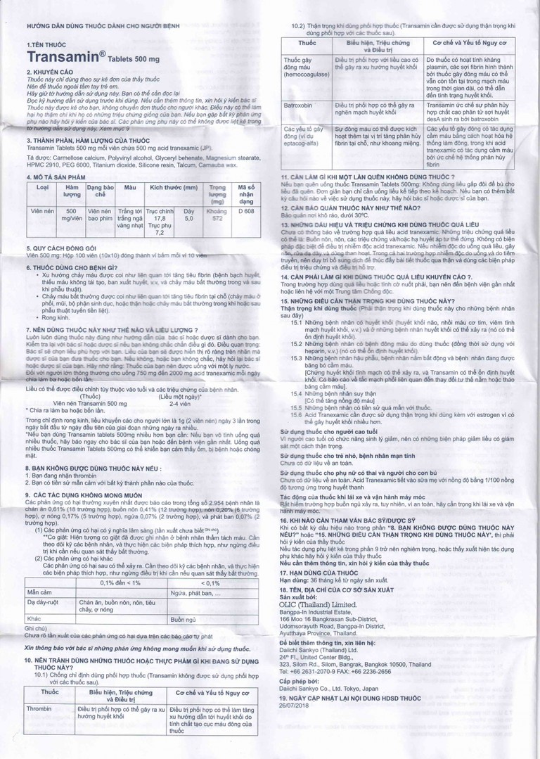 Thuốc Transamin Tab.500mg Daiichi điều trị bệnh bạch huyết, thiếu máu không tái tạo (10 vỉ x 10 viên)