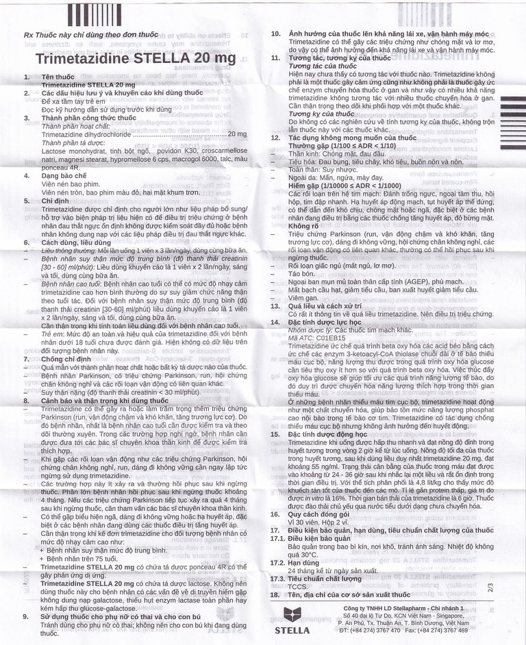 Thuốc Trimetazidine Stella 20mg điều trị đau thắt ngực ổn định (2 vỉ x 30 viên) 