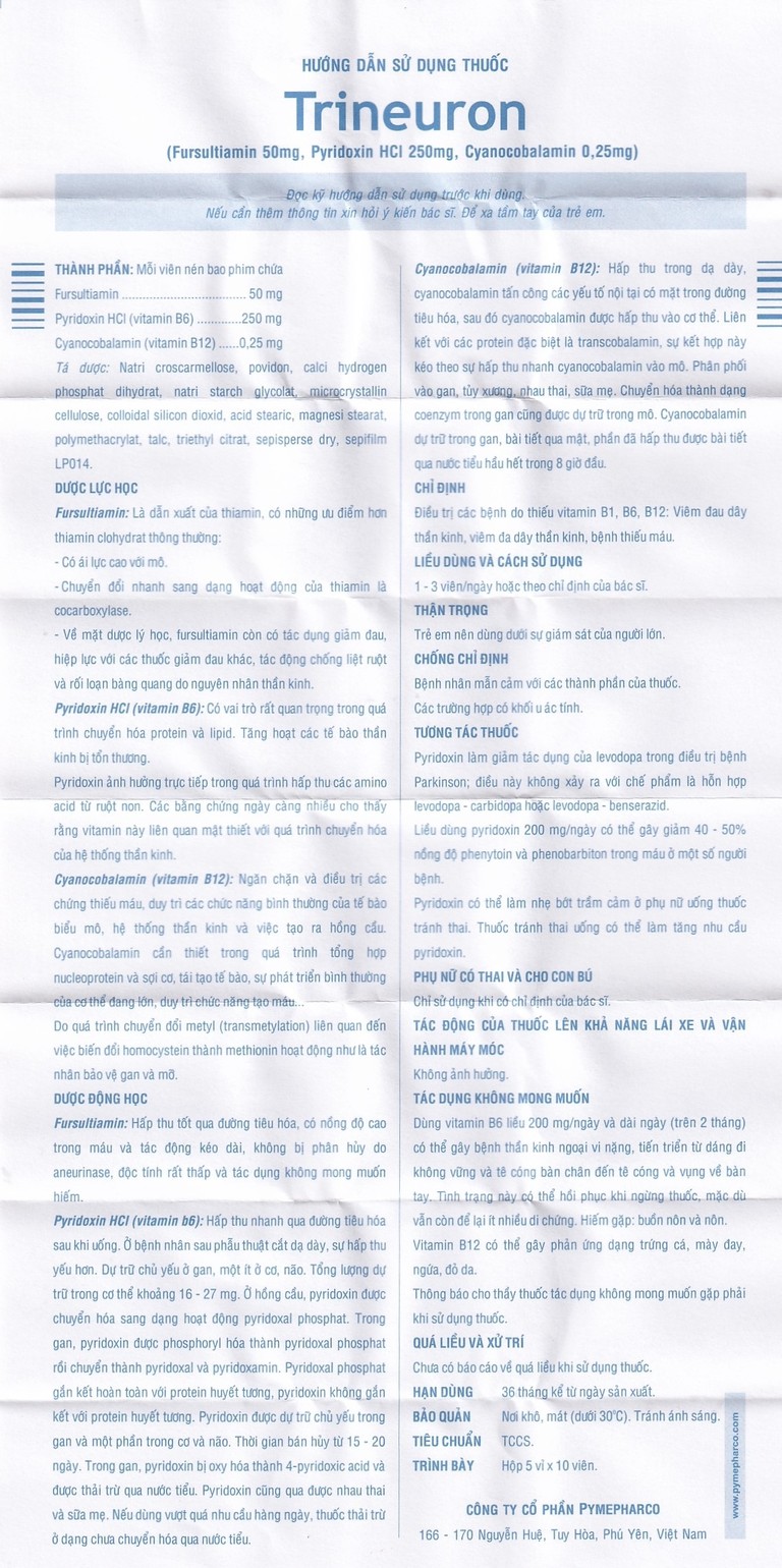 Thuốc Trineuron Pymepharco điều trị thiếu Vitamin B1, B6, B12 (5 vỉ x 10 viên)
