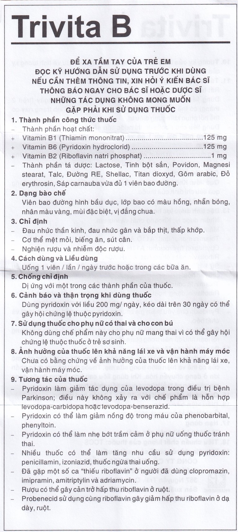 Thuốc Trivita B Pharmedic điều trị đau nhức thần kinh (10 vỉ x 10 viên)
