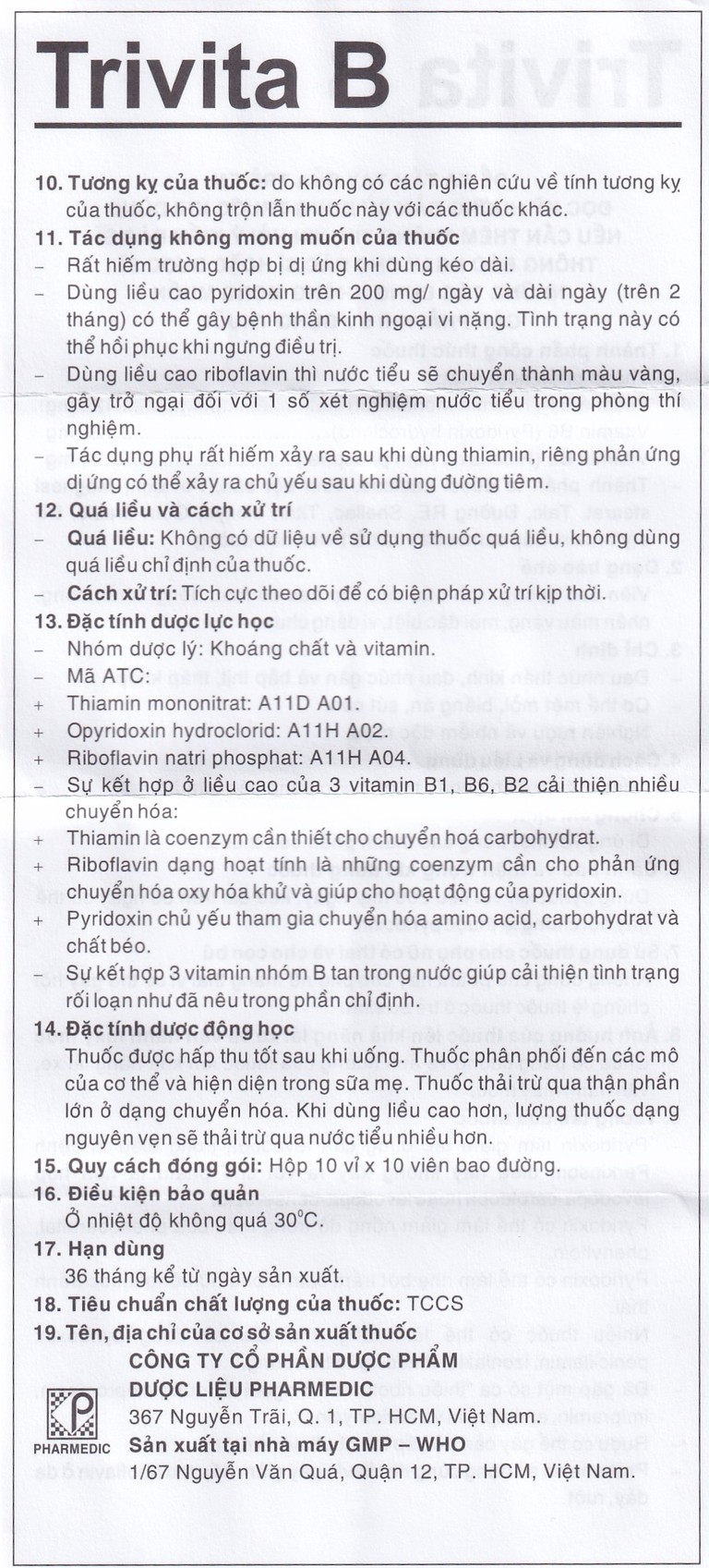 Thuốc Trivita B Pharmedic điều trị đau nhức thần kinh (10 vỉ x 10 viên)