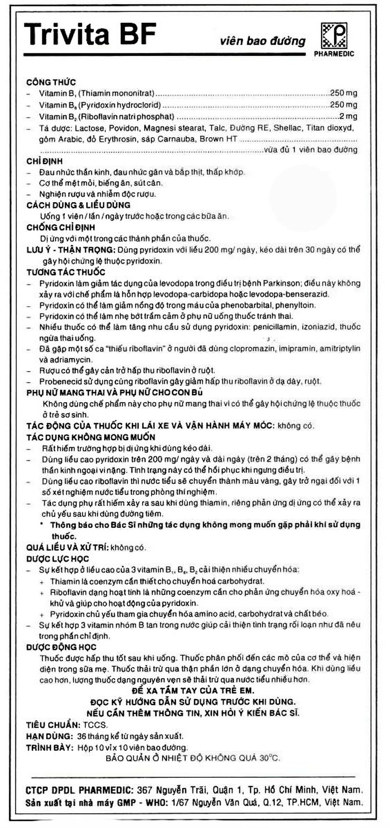 Thuốc Trivita BF Pharmedic điều trị đau nhức thần kinh (10 vỉ x 10 viên)