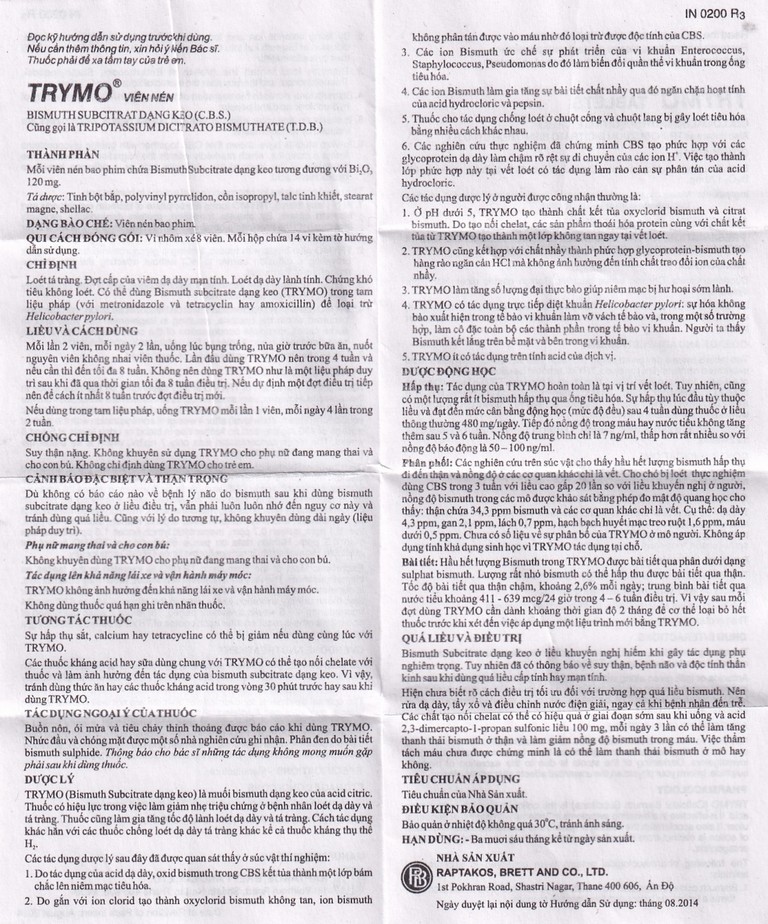 Thuốc Trymo Raptakos điều trị điều trị loét tá tràng, viêm dạ dày (14 vỉ x 8 viên)