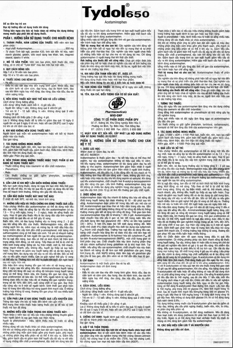 Thuốc Tydol 650 OPV giảm đau và hạ sốt từ nhẹ đến trung bình (10 vỉ x 10 viên)