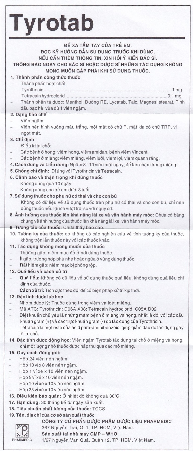Viên ngậm sát trùng Tyrotab Pharmedic điều trị viêm họng, viêm amidan (24 viên)