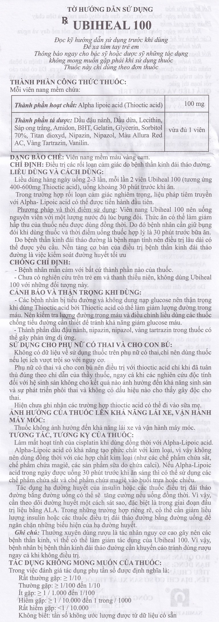 Thuốc Ubiheal 100 Nam Hà điều trị các rối loạn cảm giác do bệnh thần kinh đái tháo đường (5 vỉ x 6 viên)