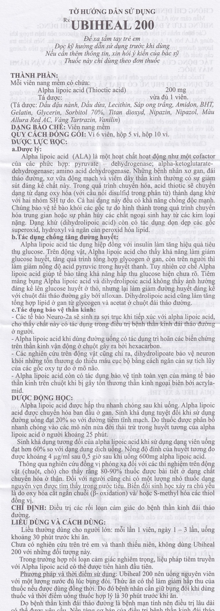 Thuốc Ubiheal 200 Nam Hà điều trị các rối loạn cảm giác  do bệnh thần kinh đái tháo đường (5 vỉ x 6 viên)