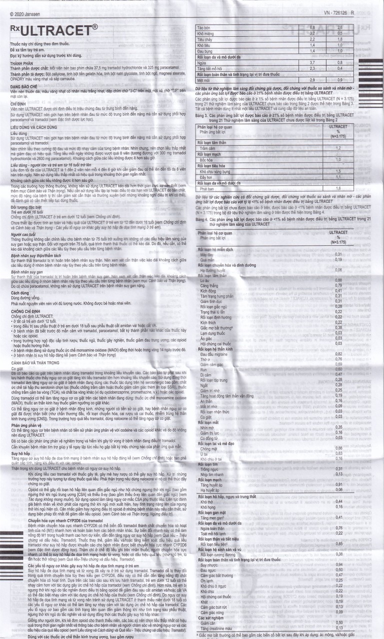Thuốc Ultracet Janssen hỗ trợ điều trị cơn đau từ trung bình đến nặng (3 vỉ x 10 viên)