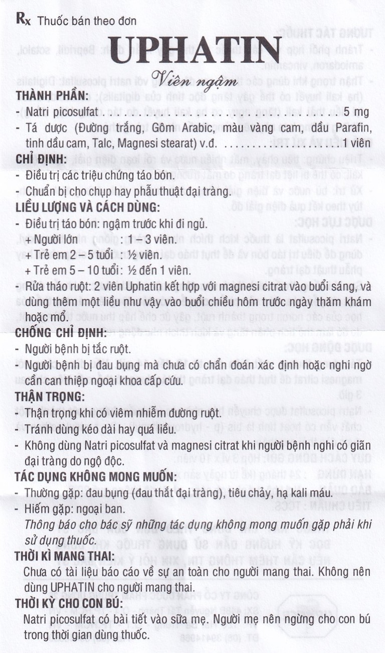 Viên ngậm Uphatin 5mg Uphace điều trị các triệu chứng táo bón (3 vỉ x 10 viên) 