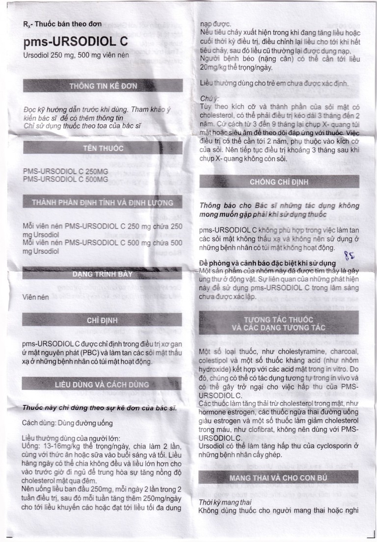 Thuốc Ursodiol C 250mg PharmaScience điều trị xơ gan ứ mật, làm tan sỏi mật (30 viên)