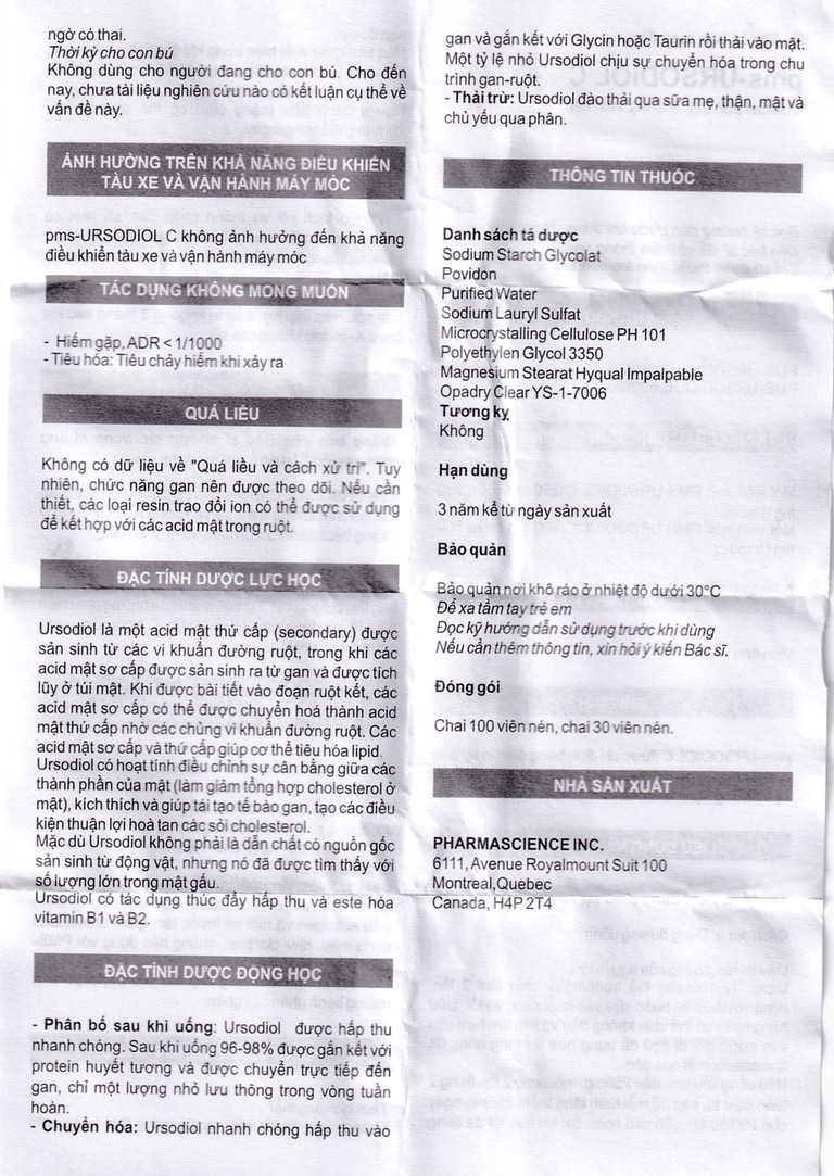 Thuốc Ursodiol C 250mg PharmaScience điều trị xơ gan ứ mật, làm tan sỏi mật (30 viên)
