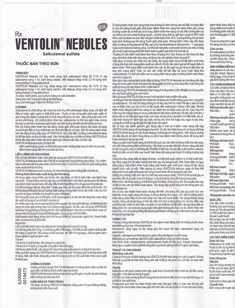 Dung dịch khí dung Ventolin Nebules 2.5mg GSK điều trị, ngăn ngừa co thắt phế quản (6 vỉ x 5 ống)