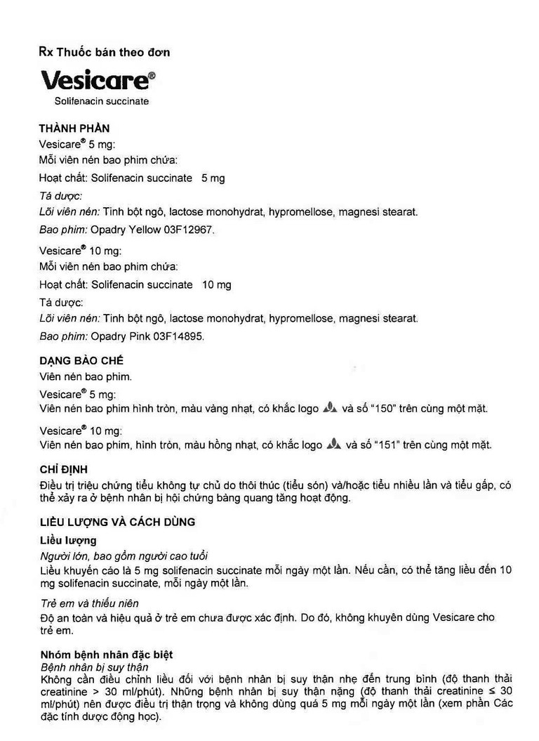 Thuốc Vesicare 5mg Astellas điều trị triệu chứng tiểu không tự chủ (3 vỉ x 10 viên)