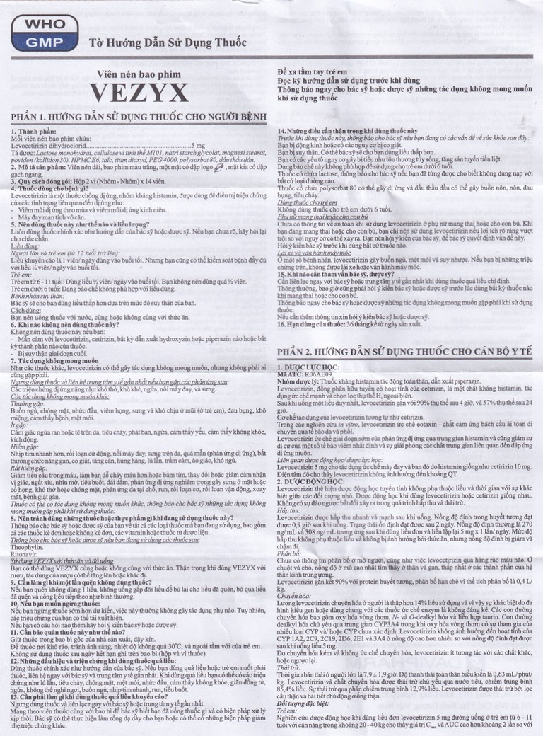 Thuốc Vezyx 5mg Davipharm điều trị viêm mũi dị ứng, mày đay (2 vỉ x 14 viên)