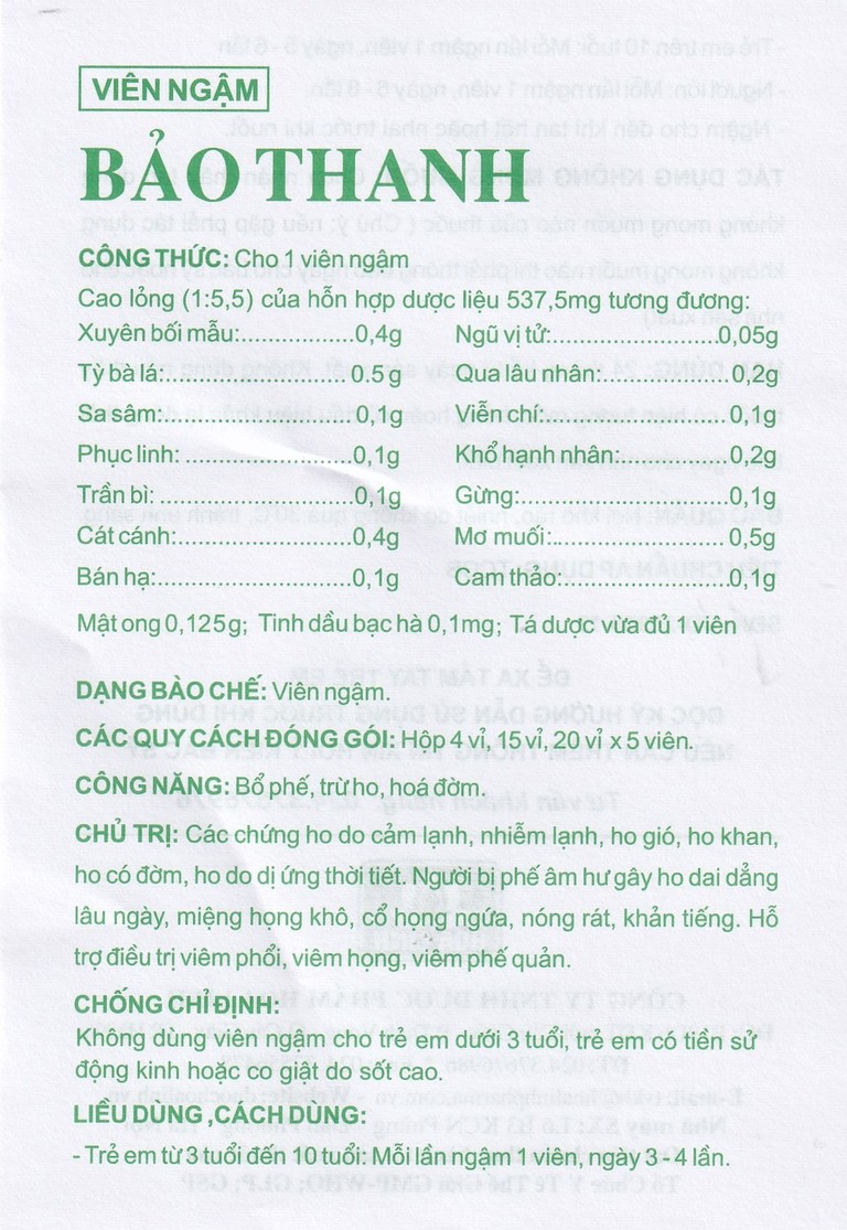 Viên ngậm Bảo Thanh Hoa Linh bổ phế, trừ ho, hoá đờm (20 vỉ x 5 viên)
