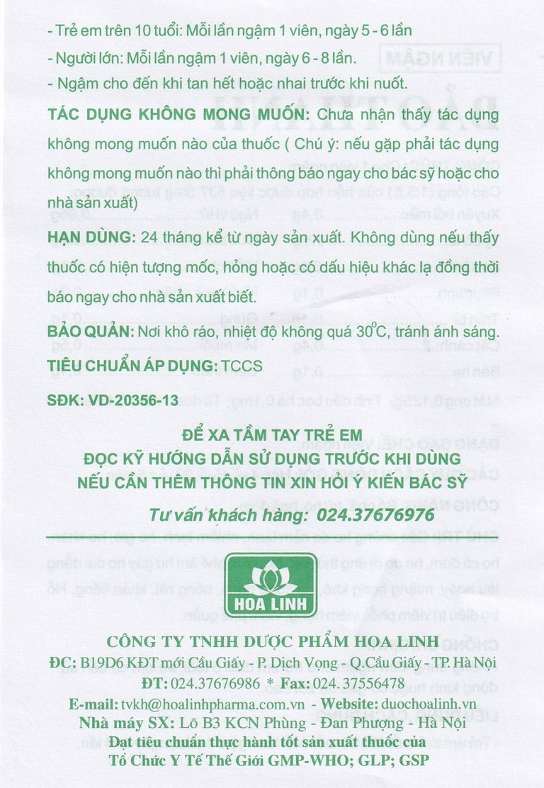 Viên ngậm Bảo Thanh Hoa Linh bổ phế, trừ ho, hoá đờm (20 vỉ x 5 viên)
