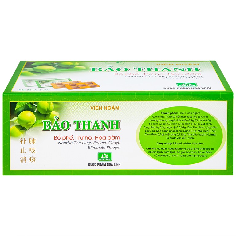 Viên ngậm Bảo Thanh Hoa Linh bổ phế, trừ ho, hoá đờm (20 vỉ x 5 viên)