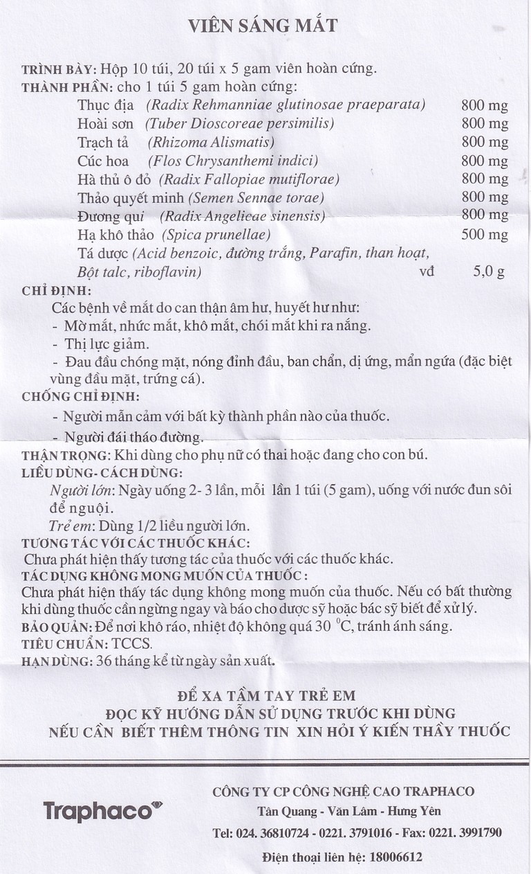 Viên Sáng Mắt Traphaco điều trị mờ mắt, nhức mắt, khô mắt (10 gói x 5g) 
