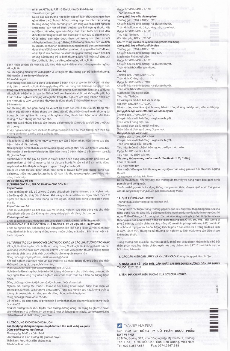 Thuốc Vigorito Davipharm kiểm soát đường huyết ở bệnh đái tháo đường típ 2 (3 vỉ x 10 viên) 