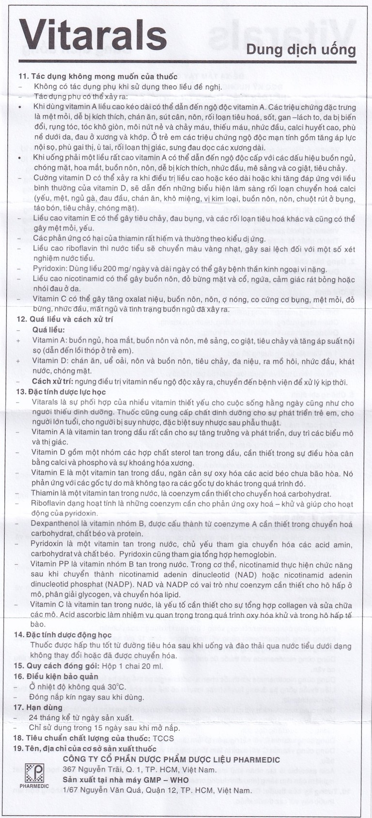 Dung dịch uống Vitarals Pharmedic phòng ngừa và điều chỉnh tình trạng thiếu hụt Vitamin (20ml)