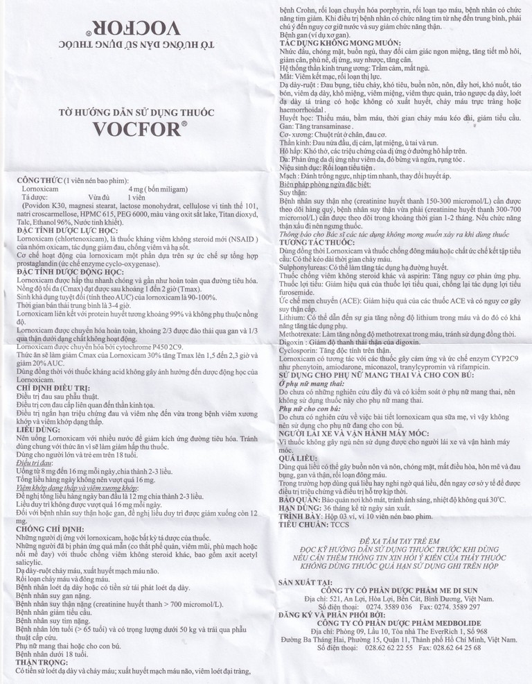 Thuốc Vocfor 4mg Medisun điều trị đau sau phẫu thuật (3 vỉ x 10 viên)