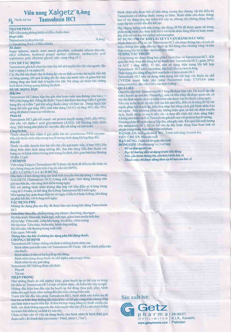 Thuốc Xalgetz 0.4mg Getz điều trị dấu hiệu và hội chứng tăng sản lành tính (1 vỉ x 10 viên) 