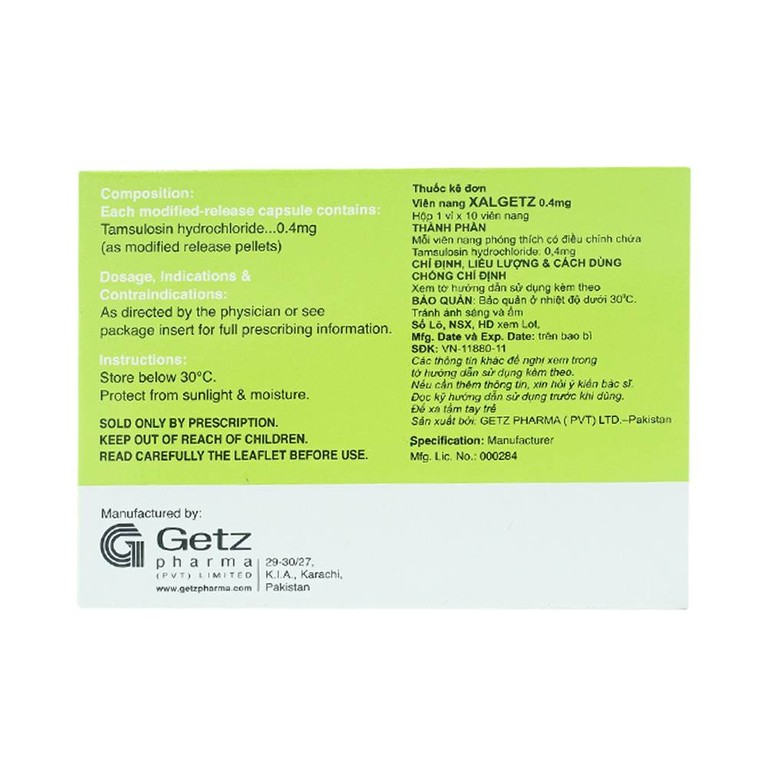 Thuốc Xalgetz 0.4mg Getz điều trị dấu hiệu và hội chứng tăng sản lành tính (1 vỉ x 10 viên) 