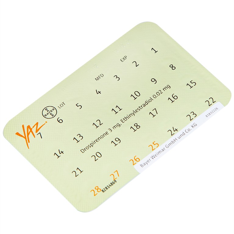 Thuốc Yaz Bayer dùng tránh thai, điều trị mụn trứng cá (1 vỉ x 28 viên)