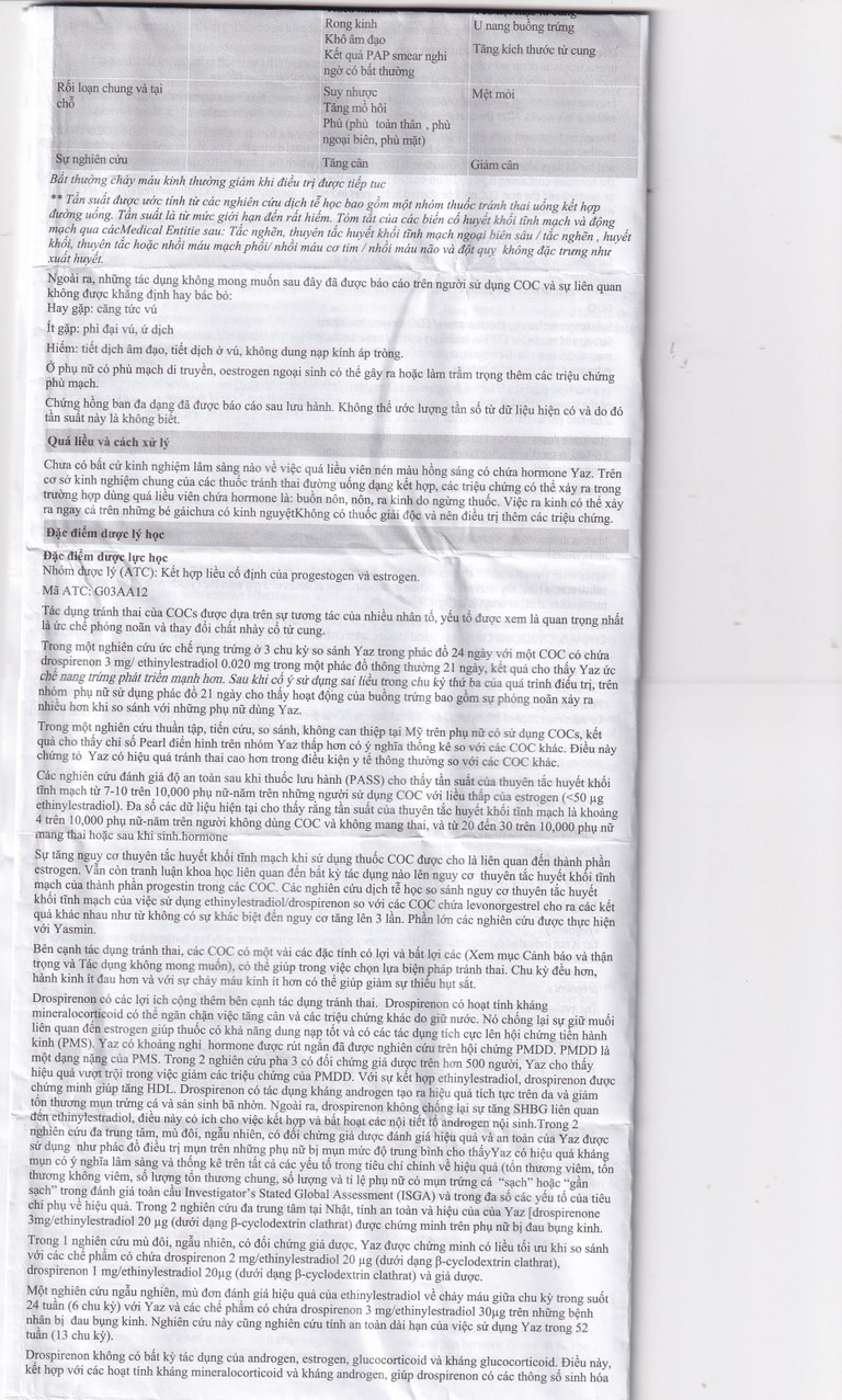 Thuốc Yaz Bayer dùng tránh thai, điều trị mụn trứng cá (1 vỉ x 28 viên)