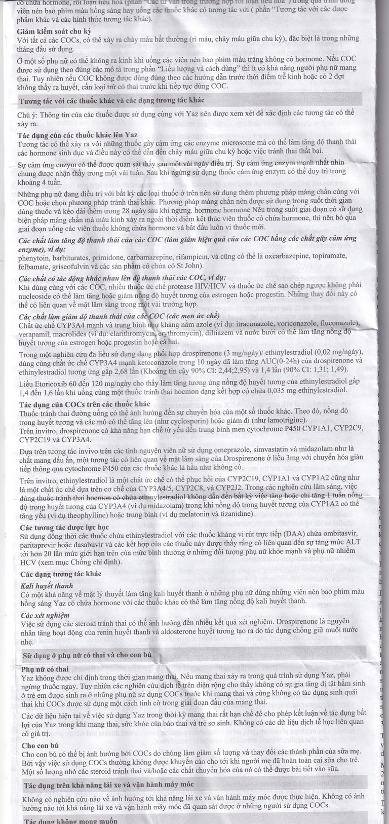 Thuốc Yaz Bayer dùng tránh thai, điều trị mụn trứng cá (1 vỉ x 28 viên)