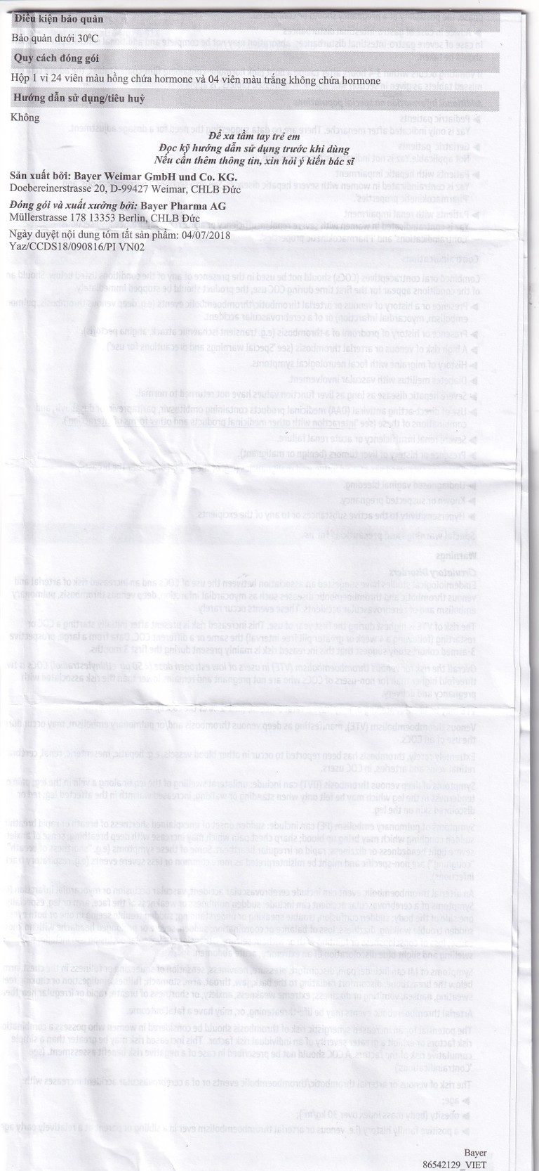 Thuốc Yaz Bayer dùng tránh thai, điều trị mụn trứng cá (1 vỉ x 28 viên)